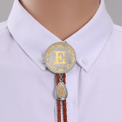 Initial Letter Brown Leather Bolo Tie With Teardrop-Shaped Pendant - Gold - E - image 7