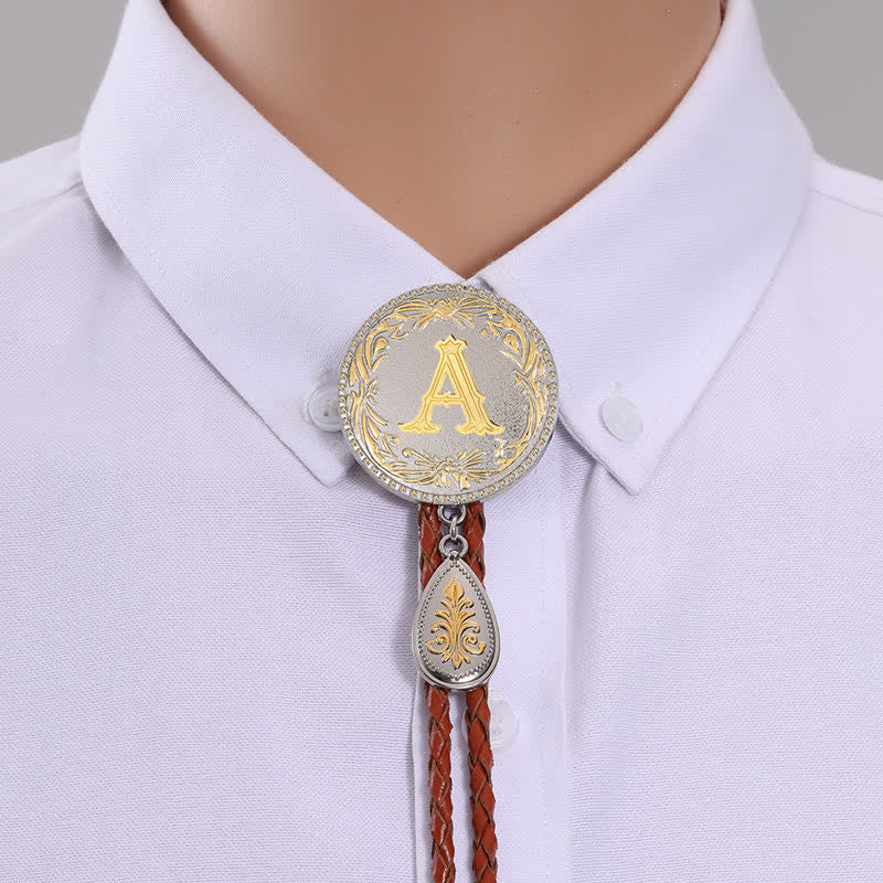 Initial Letter Brown Leather Bolo Tie With Teardrop-Shaped Pendant - Gold - A - image 4