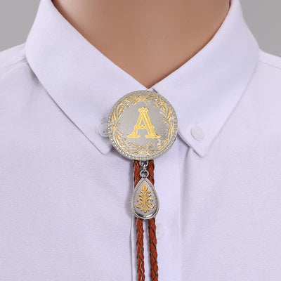 Initial Letter Brown Leather Bolo Tie With Teardrop-Shaped Pendant - Gold - A - image 4