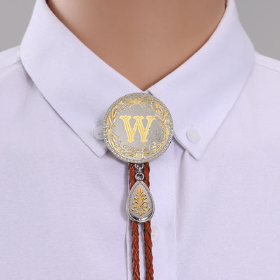 Initial Letter Brown Leather Bolo Tie With Teardrop-Shaped Pendant - Gold - W - image 25
