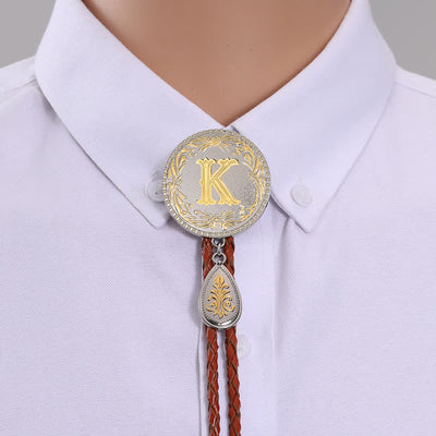 Initial Letter Brown Leather Bolo Tie With Teardrop-Shaped Pendant - Gold - K - image 13