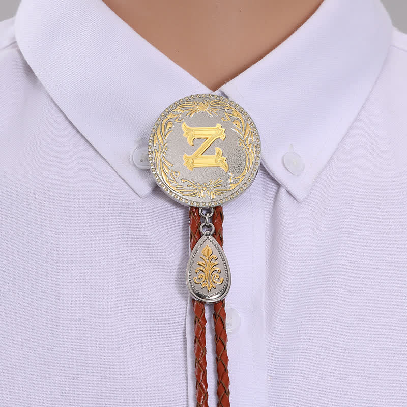 Initial Letter Brown Leather Bolo Tie With Teardrop-Shaped Pendant - Gold - Z - image 28
