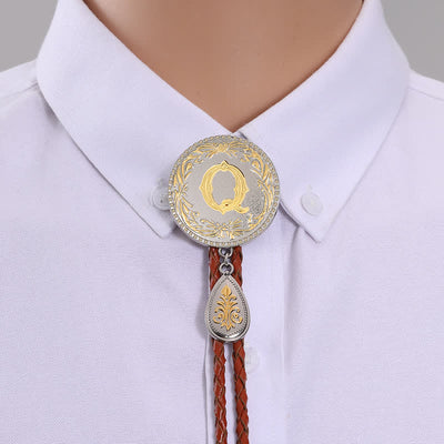 Initial Letter Brown Leather Bolo Tie With Teardrop-Shaped Pendant - Gold - Q - image 19