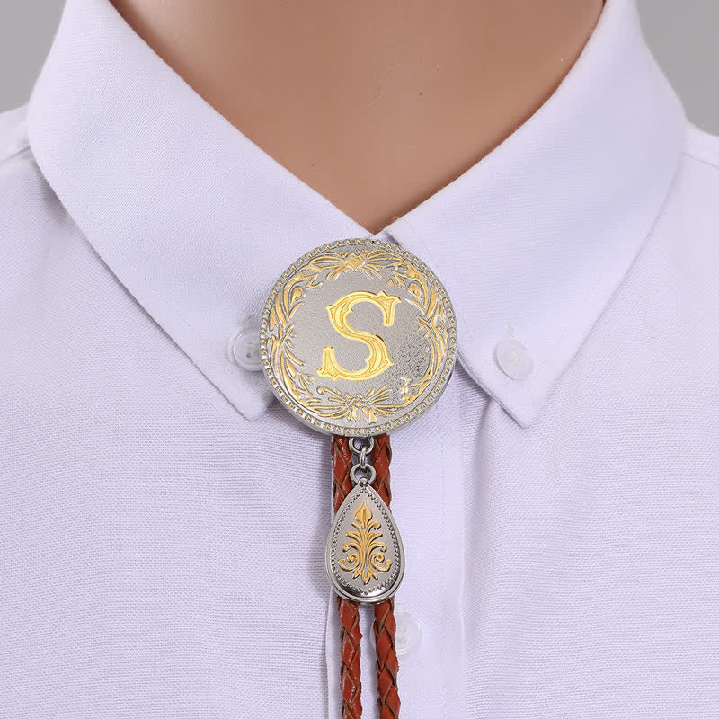 Initial Letter Brown Leather Bolo Tie With Teardrop-Shaped Pendant - Gold - S - image 21