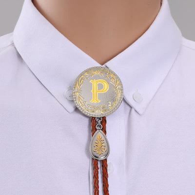 Initial Letter Brown Leather Bolo Tie With Teardrop-Shaped Pendant - Gold - P - image 18