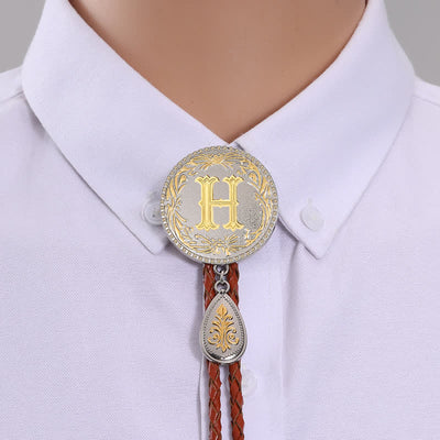 Initial Letter Brown Leather Bolo Tie With Teardrop-Shaped Pendant - Gold - H - image 10