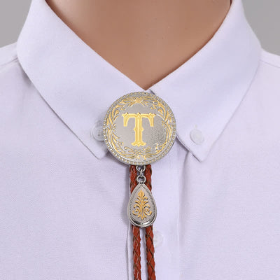 Initial Letter Brown Leather Bolo Tie With Teardrop-Shaped Pendant - Gold - T - image 22