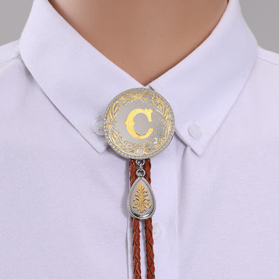 Initial Letter Brown Leather Bolo Tie With Teardrop-Shaped Pendant - Gold - C - image 6