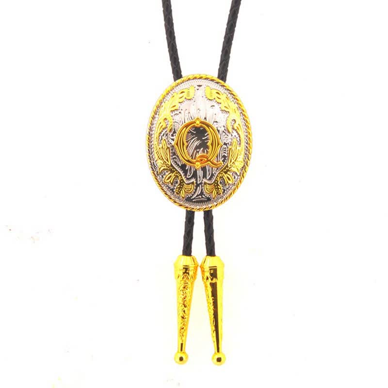 Gold & Silver Two-Tone Oval Initial Letter Leather Bolo Tie - Gold - Q - image 17