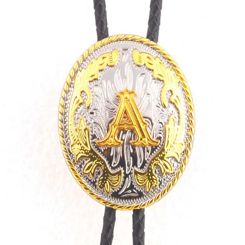 Gold & Silver Two-Tone Oval Initial Letter Leather Bolo Tie - Gold - A - image 3
