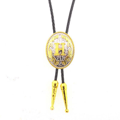 Gold & Silver Two-Tone Oval Initial Letter Leather Bolo Tie - Gold - H - image 9