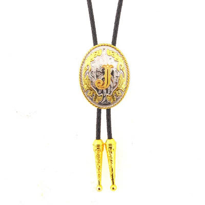 Gold & Silver Two-Tone Oval Initial Letter Leather Bolo Tie - Gold - J - image 11