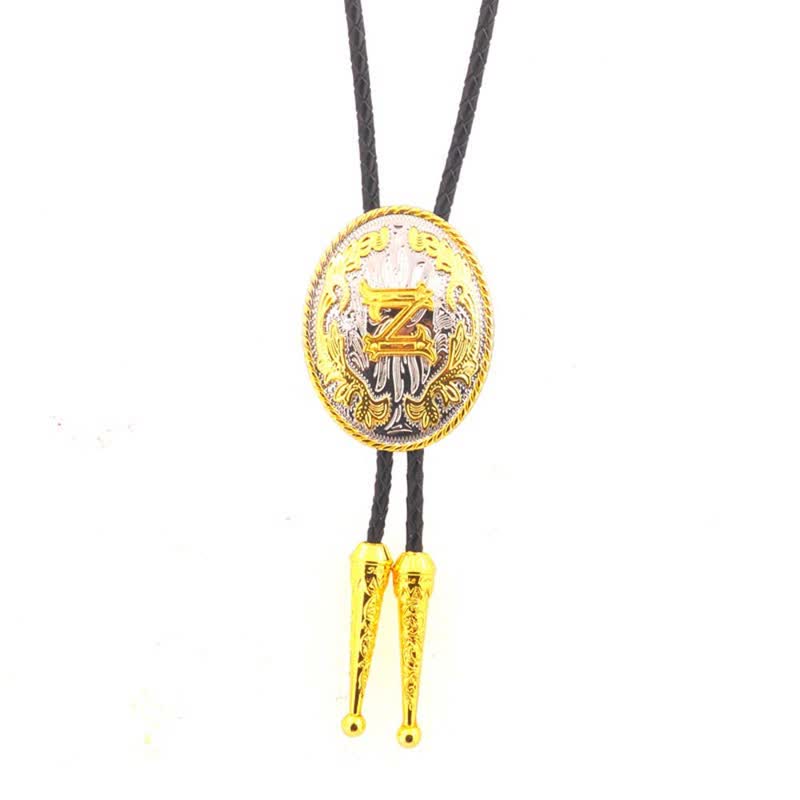 Gold & Silver Two-Tone Oval Initial Letter Leather Bolo Tie - Gold - Z - image 26