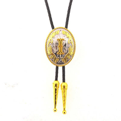 Gold & Silver Two-Tone Oval Initial Letter Leather Bolo Tie - Gold - I - image 10
