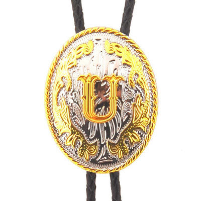 Gold & Silver Two-Tone Oval Initial Letter Leather Bolo Tie - Gold - U - image 21