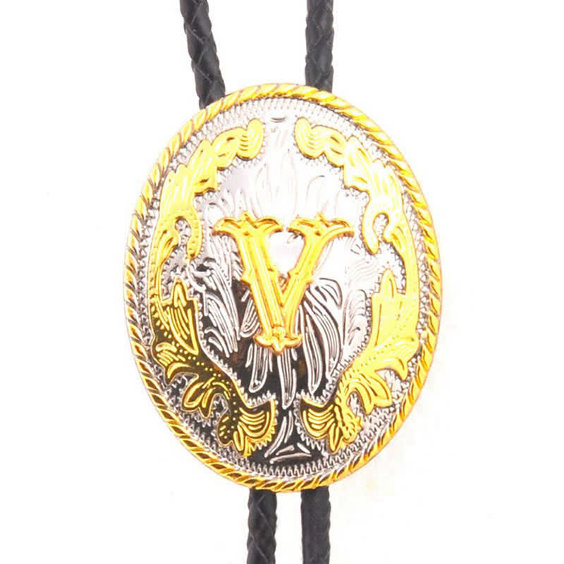 Gold & Silver Two-Tone Oval Initial Letter Leather Bolo Tie - Gold - V - image 22