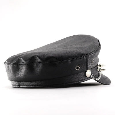 Longhorn Rivets Black Leather Beret Hat With Chain - image 2