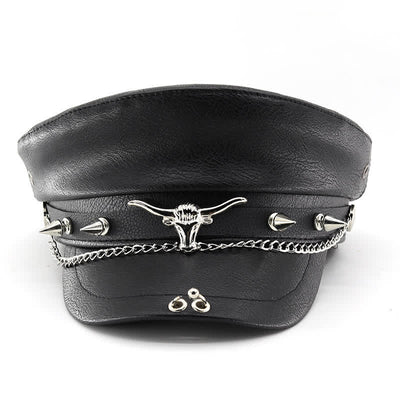 Longhorn Rivets Black Leather Beret Hat With Chain - image 1