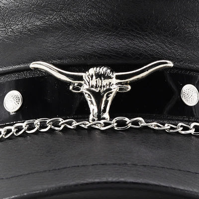 Longhorn Rivets Black Leather Beret Hat With Chain - image 4