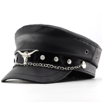 Longhorn Rivets Black Leather Beret Hat With Chain - Style #2 - M (22"-22 7/8") - image 6
