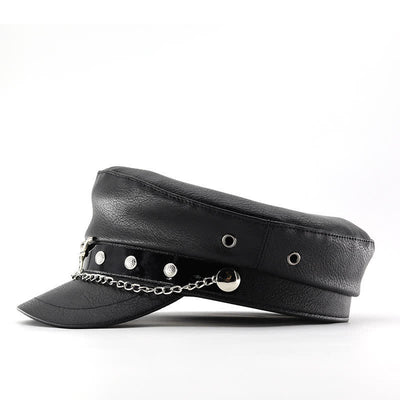 Longhorn Rivets Black Leather Beret Hat With Chain - image 7
