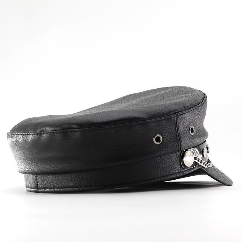 Longhorn Rivets Black Leather Beret Hat With Chain - image 8