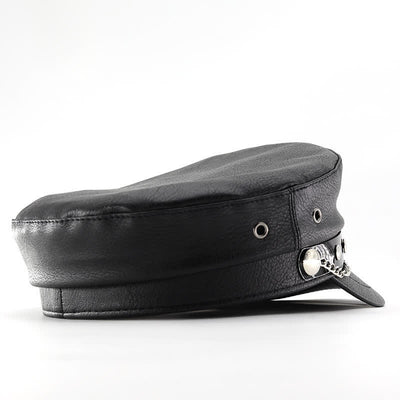 Longhorn Rivets Black Leather Beret Hat With Chain - image 8