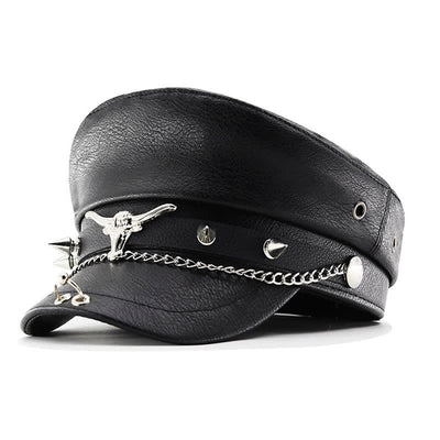 Longhorn Rivets Black Leather Beret Hat With Chain - Style #1 - M (22"-22 7/8") - image 0