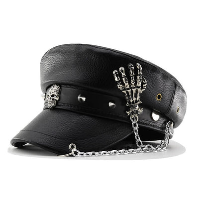 Punk Style Skull & Skeleton Hand Chain Leather Beret Hat - Black - M (22"-22 7/8") - image 0