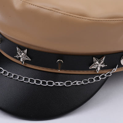 Two-Tone Star Studs Leather Beret Hat With Chain - image 2