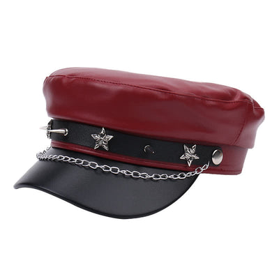 Two-Tone Star Studs Leather Beret Hat With Chain - Burgundy - M (22"-22 7/8") - image 11