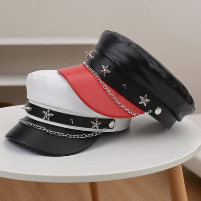 Two-Tone Star Studs Leather Beret Hat With Chain - image 6