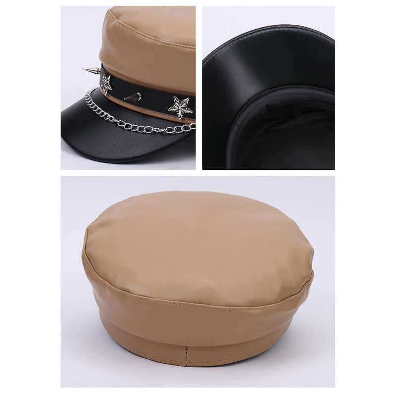 Two-Tone Star Studs Leather Beret Hat With Chain - image 4