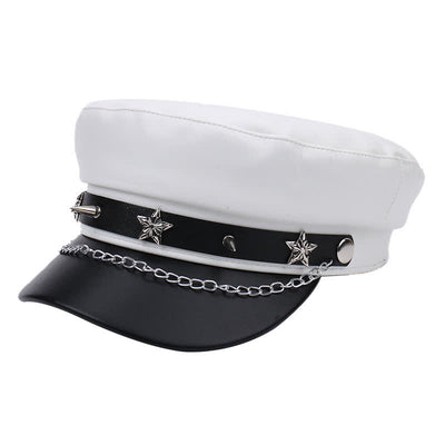Two-Tone Star Studs Leather Beret Hat With Chain - White - M (22"-22 7/8") - image 7