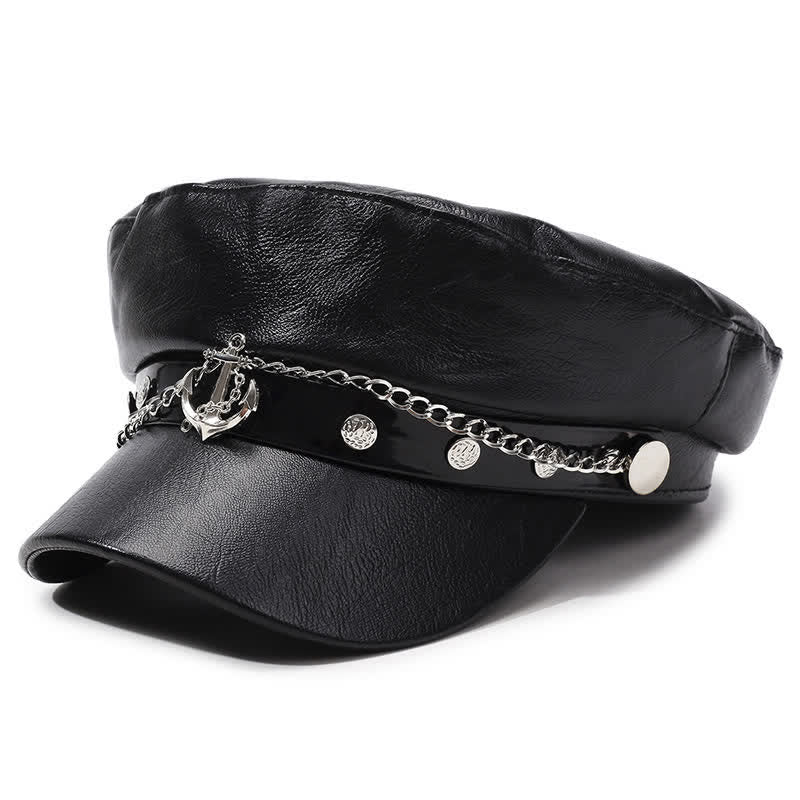 Military-Style Anchor Studded Leather Beret Hat With Chain - Black - M (22"-22 7/8") - image 7