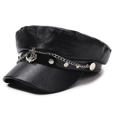 Military-Style Anchor Studded Leather Beret Hat With Chain - Black - M (22"-22 7/8") - image 7