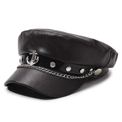 Military-Style Anchor Studded Leather Beret Hat With Chain - Dark Coffee - M (22"-22 7/8") - image 9