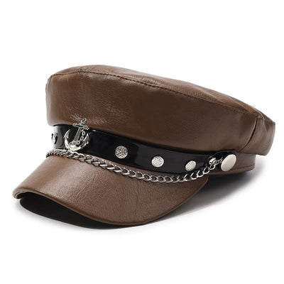 Military-Style Anchor Studded Leather Beret Hat With Chain - Brown - M (22"-22 7/8") - image 0