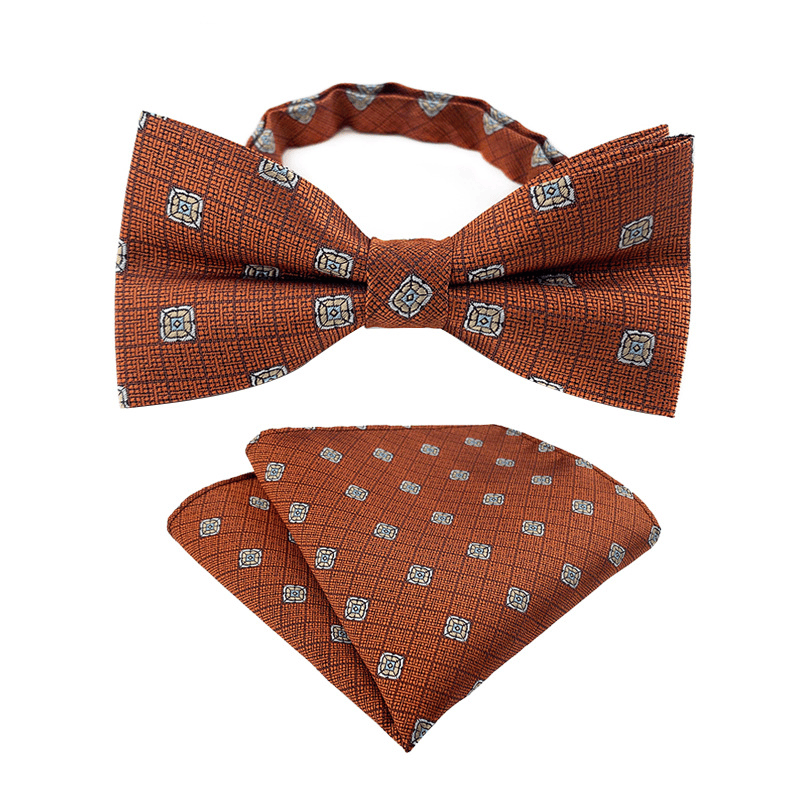 2pcs Men's Paisley Checkered Pocket Square Bow Tie Set - Brown - Bow Tie + Pocket Square - image 0