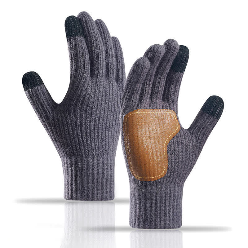 Warm Anti-Slip Leather Palm Patch Knitted Gloves - Dark Gray - image 6
