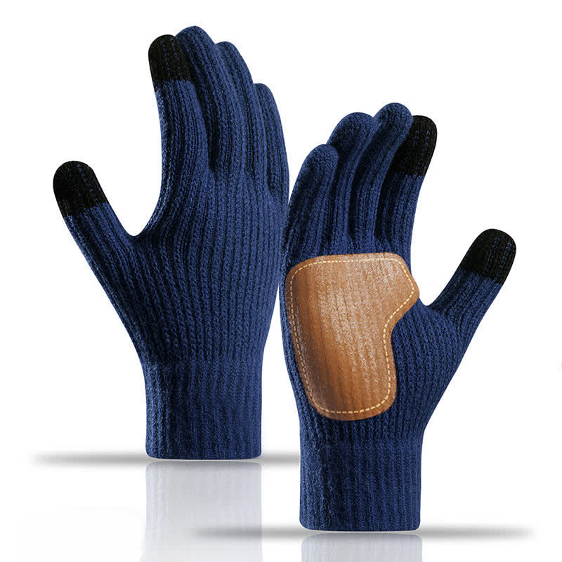 Warm Anti-Slip Leather Palm Patch Knitted Gloves - Navy - image 8