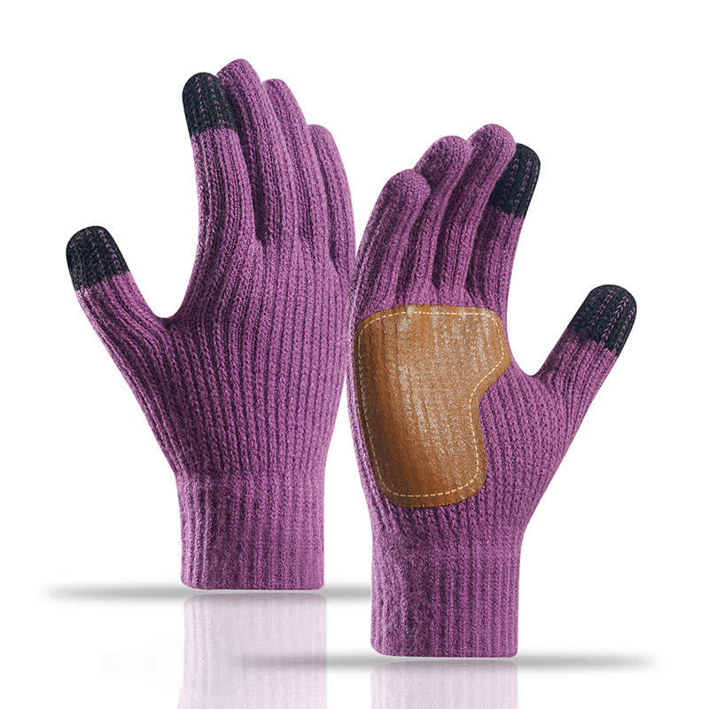 Warm Anti-Slip Leather Palm Patch Knitted Gloves - Dark Purple - image 18
