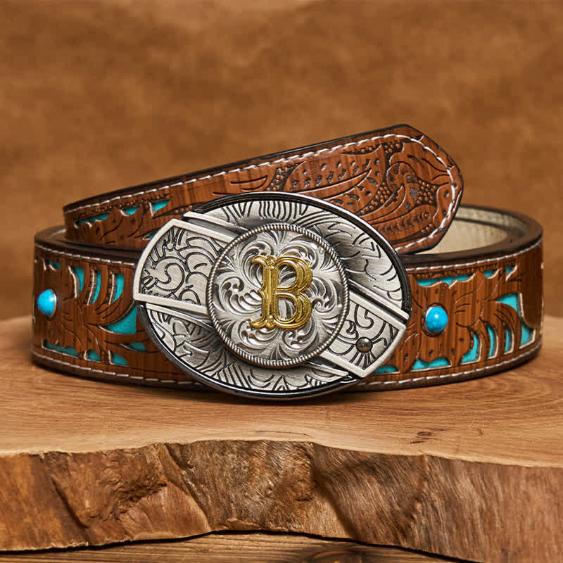 Two-Tone Initial Letter DIY Hidden Knife Buckle Leather Belt - B - Turquoise Carved Belt (40) - image 4
