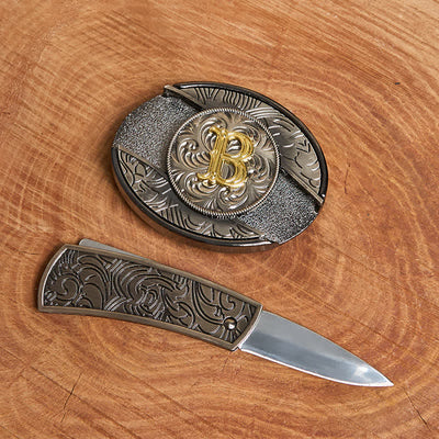 Two-Tone Initial Letter DIY Hidden Knife Buckle Leather Belt - image 1