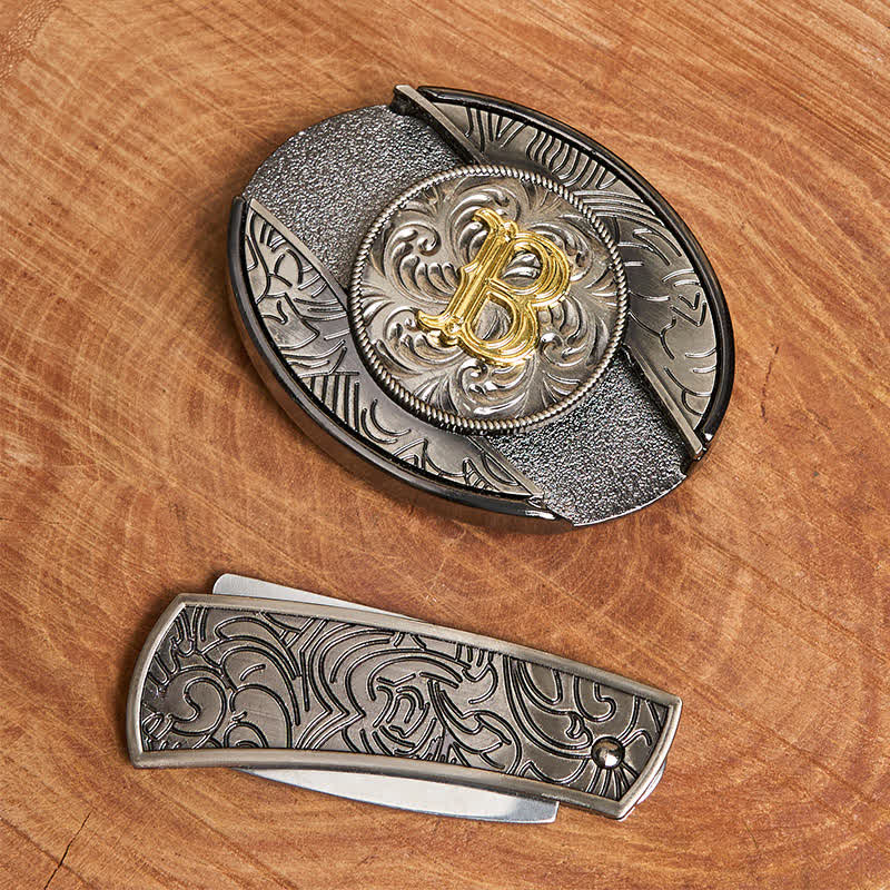 Two-Tone Initial Letter DIY Hidden Knife Buckle Leather Belt - image 2