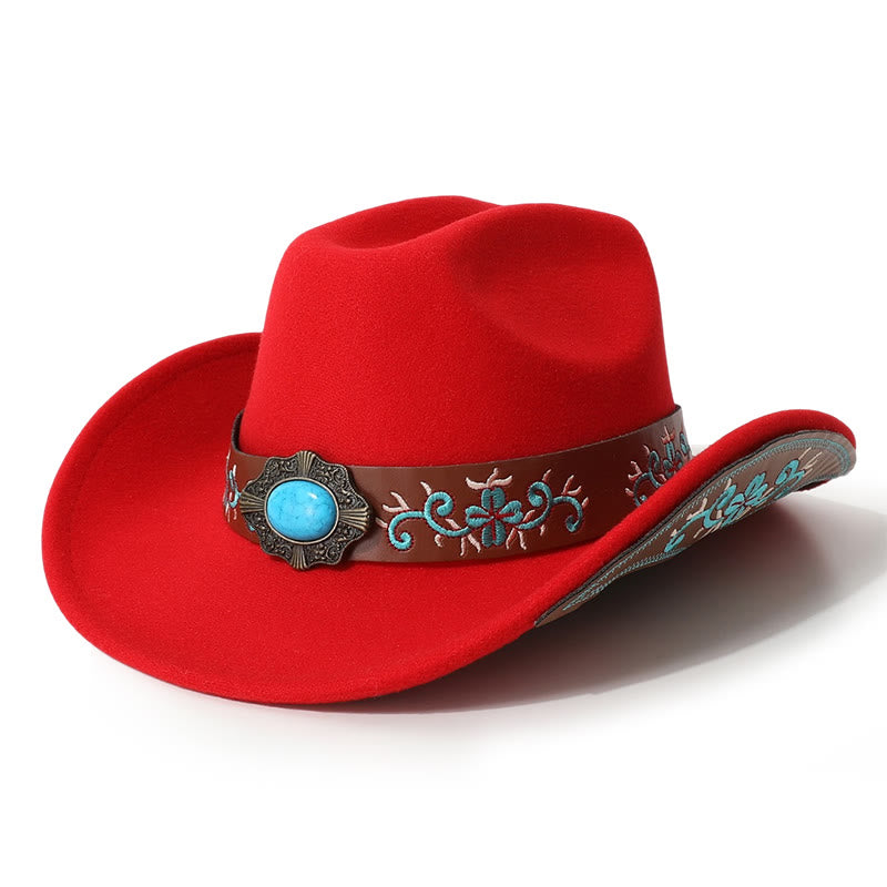 Men's Embroidered Patch Turquoise Cowboy Hat With Brim Belt - Red - M (22"-22 7/8") - image 9