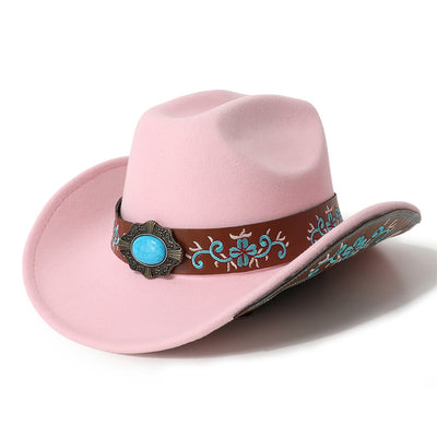 Men's Embroidered Patch Turquoise Cowboy Hat With Brim Belt - Pink - M (22"-22 7/8") - image 3