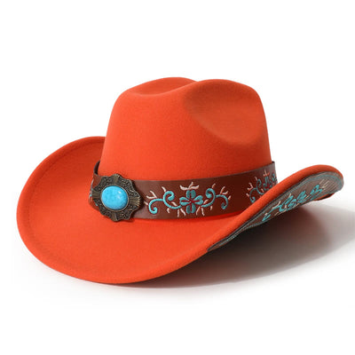 Men's Embroidered Patch Turquoise Cowboy Hat With Brim Belt - Orange - M (22"-22 7/8") - image 8