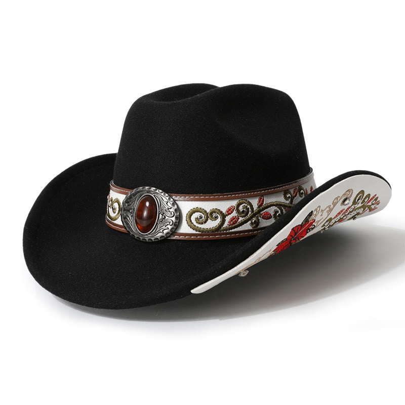  Flower Embroidered Ruby Brim Belt Men's Cowboy Hat - Black - M (22"-22 7/8") - image 9