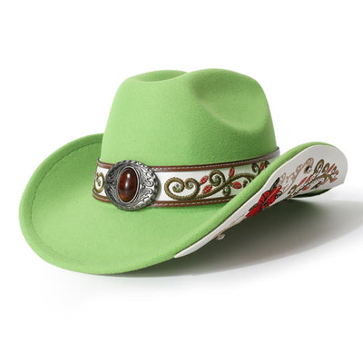  Flower Embroidered Ruby Brim Belt Men's Cowboy Hat - Light Green - M (22"-22 7/8") - image 4